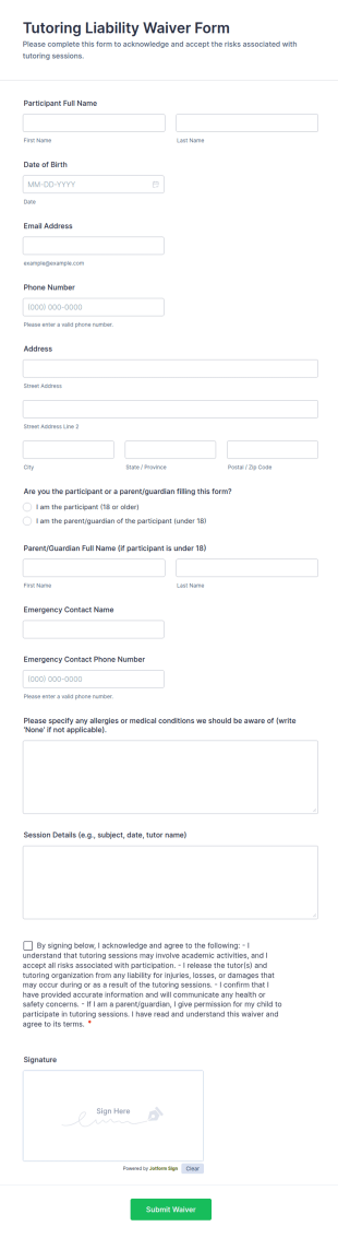 Tutoring Liability Waiver Form Template