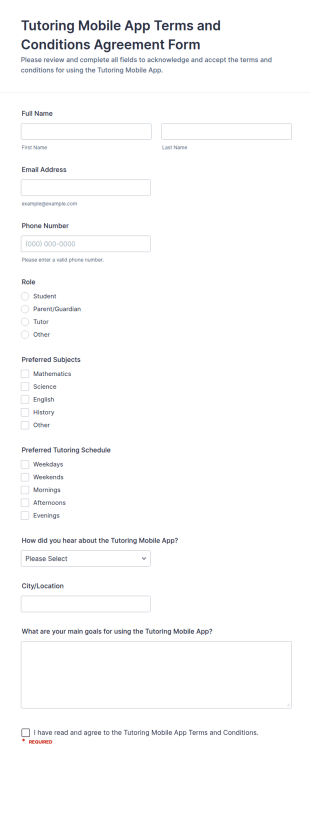 Tutoring Mobile App Terms And Conditions Agreement Form Template