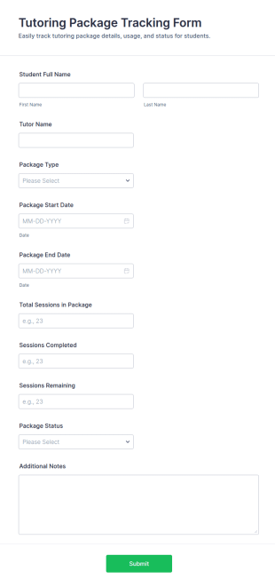 Tutoring Package Tracking Form Template