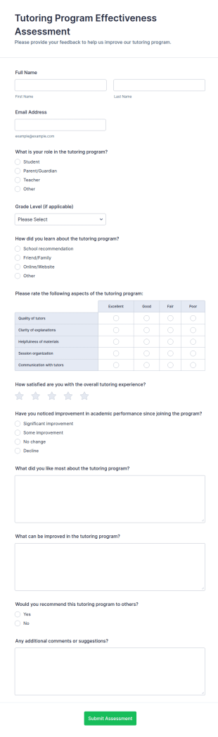 Tutoring Program Effectiveness Assessment Form Template