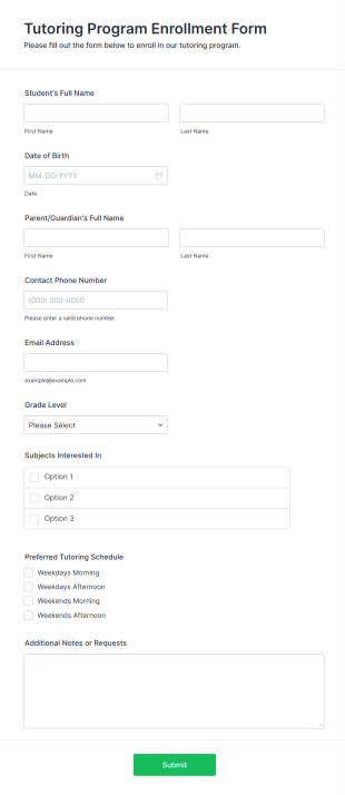 Tutoring Program Enrollment Form Form Template
