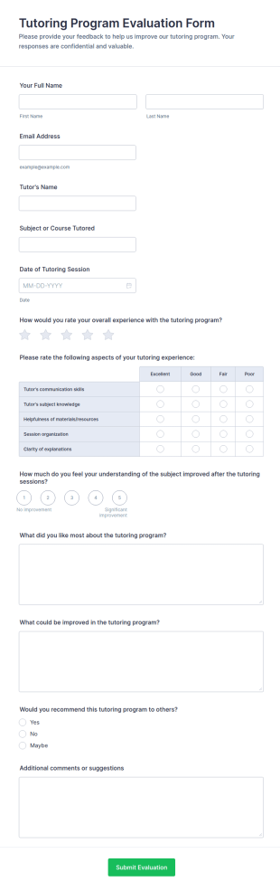 Tutoring Program Evaluation Form Template