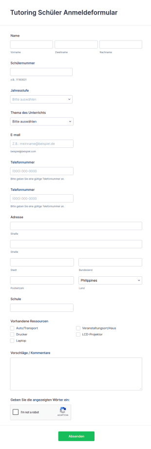 Tutoring Schüler Anmeldeformular