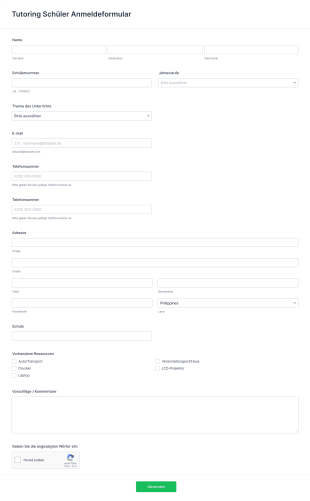 Tutoring Schüler Anmeldeformular Form Template