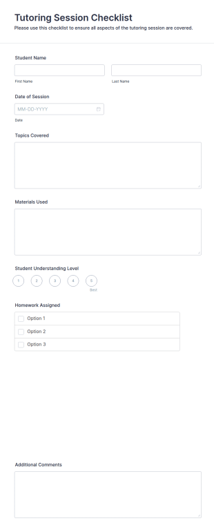 Tutoring Session Checklist Form Template