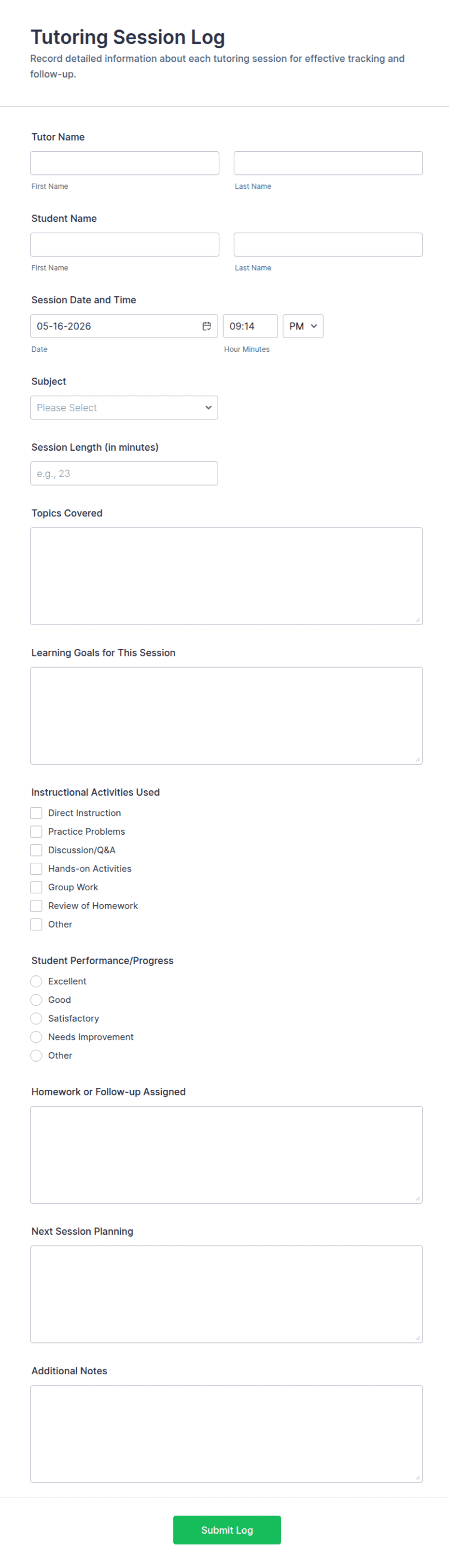 Tutor Session Track Paper Tutoring Session Log Form Template | Jotform