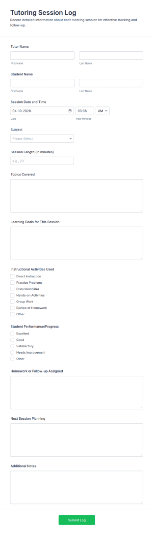 Tutoring Session Log Form Template