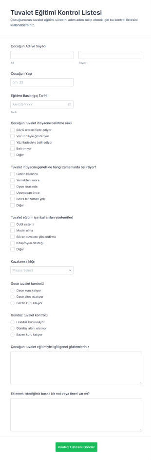 Tuvalet Eğitimi Kontrol Listesi Form Şablonu