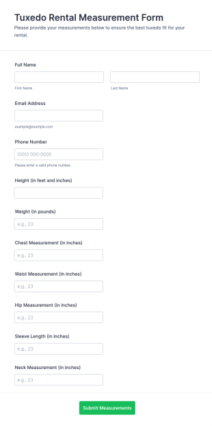Tuxedo Measurement Form Template