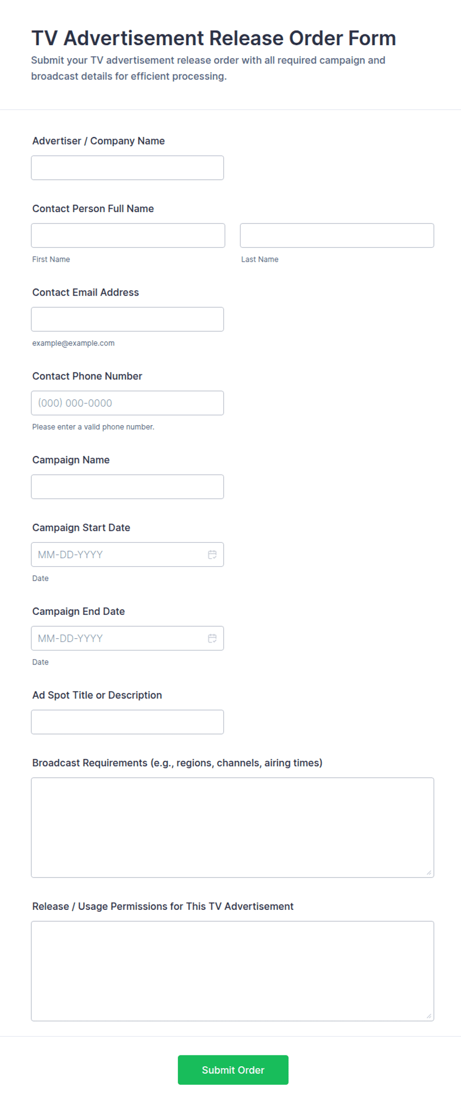TV Advertisement Release Order Form Template | Jotform