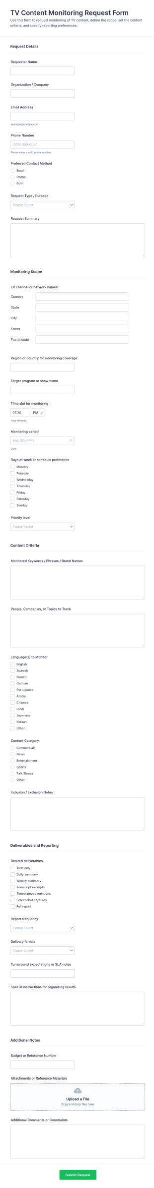 TV Content Monitoring Request Form Template