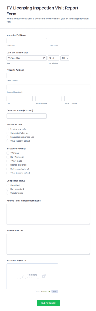 TV Licensing Inspection Visit Report Form Template