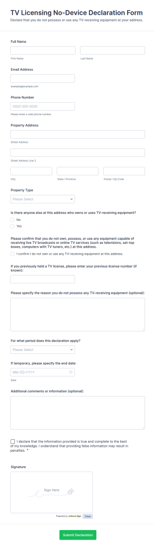 TV Licensing No Device Declaration Form Template