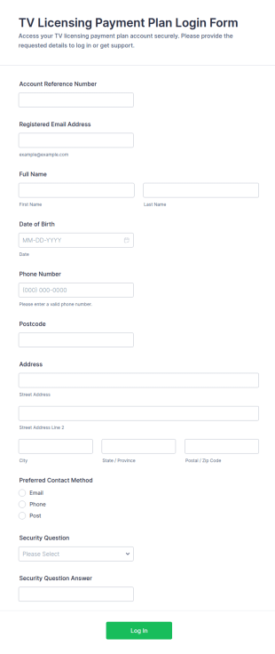 TV Licensing Payment Plan Login Form Template