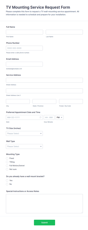 TV Mounting Service Request Form Template