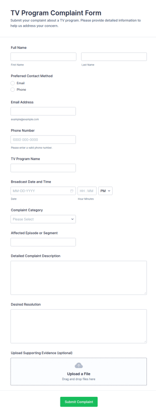 TV Program Complaint Form Template