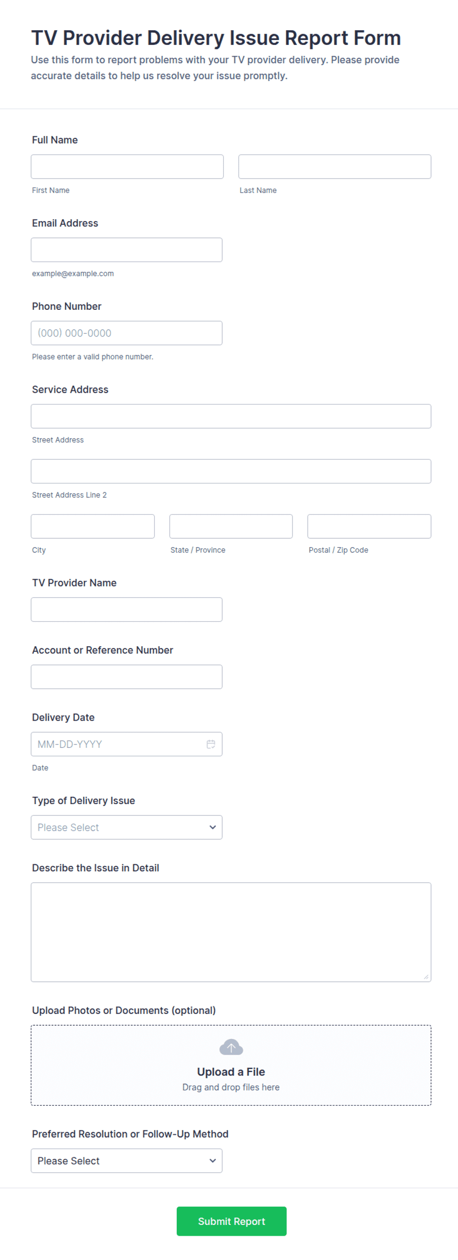 TV Provider Delivery Issue Report Form Template | Jotform