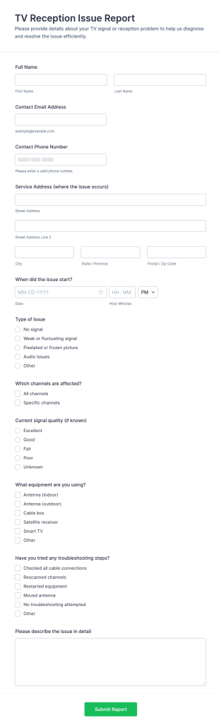 TV Reception Issue Report Form Template
