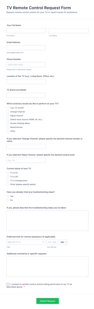 TV Remote Control Request Form Template