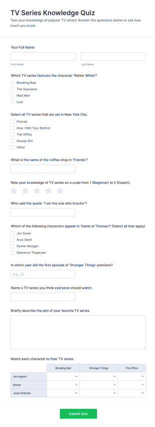 TV Series Knowledge Quiz Form Template