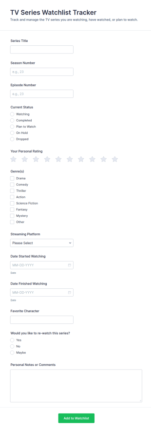 TV Series Watchlist Tracker Form Template