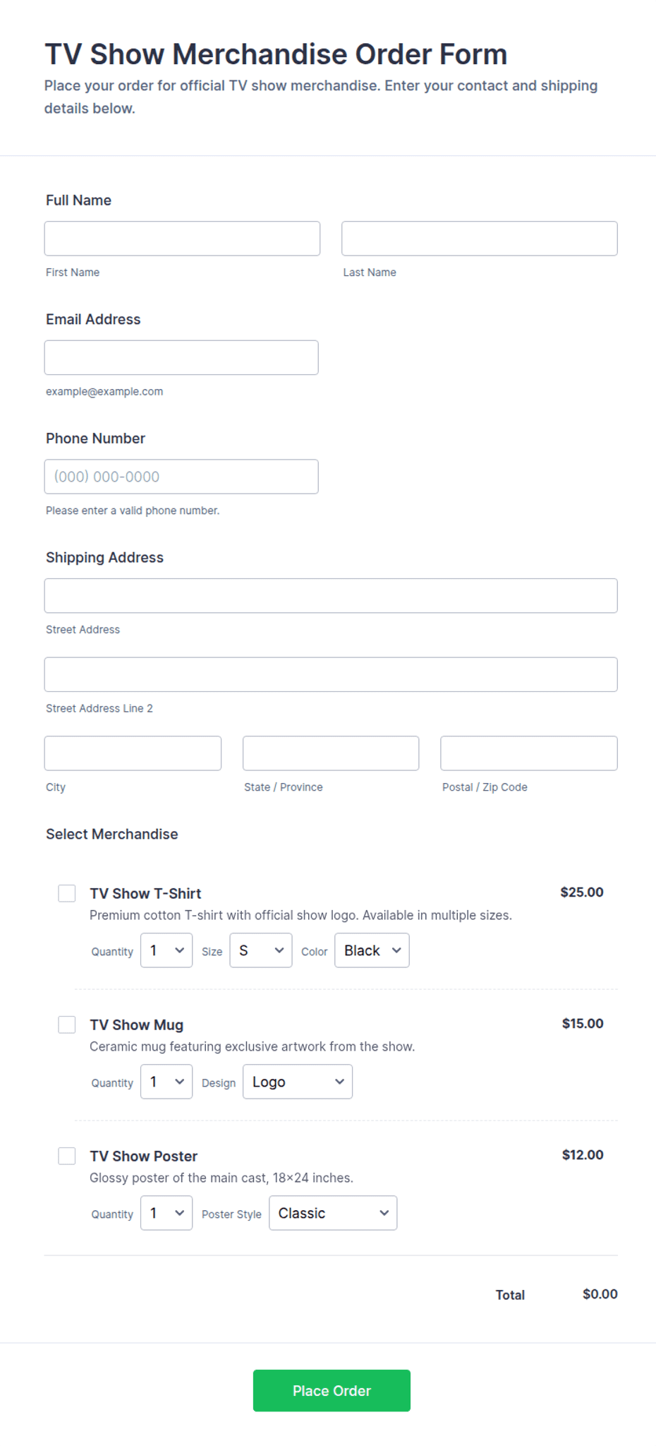 TV Show Merchandise Order Form Template | Jotform