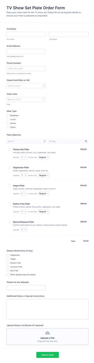 TV Show Set Plate Order Form Template