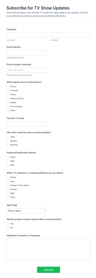 TV Show Update Subscription Form Template