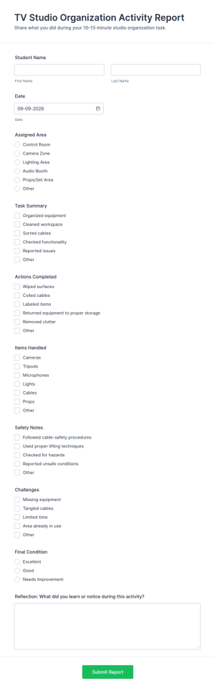 TV Studio Organization Activity Report Form Template