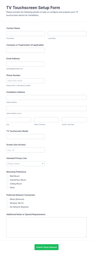 TV Touchscreen Setup Form Template