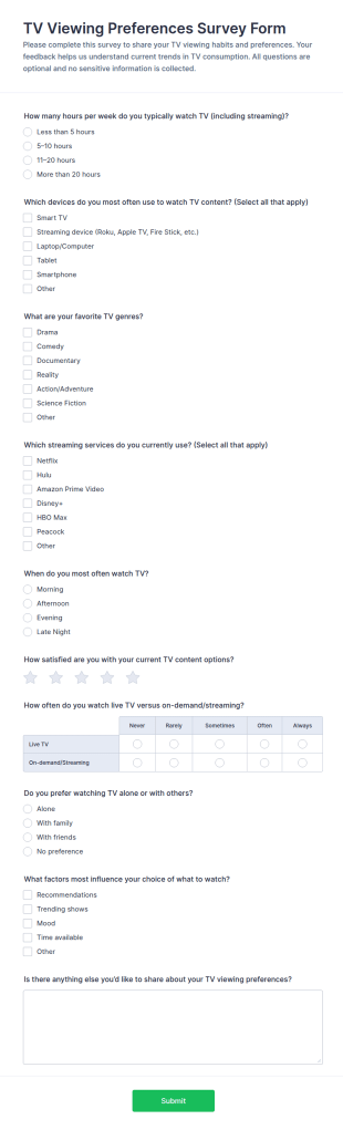 TV Viewing Preferences Survey Form Template