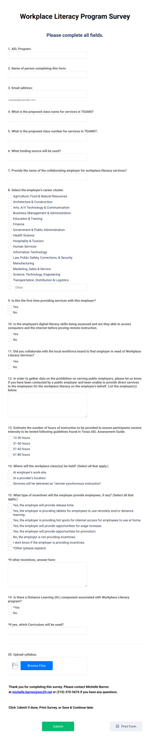 Workplace Literacy Program Survey Form Template
