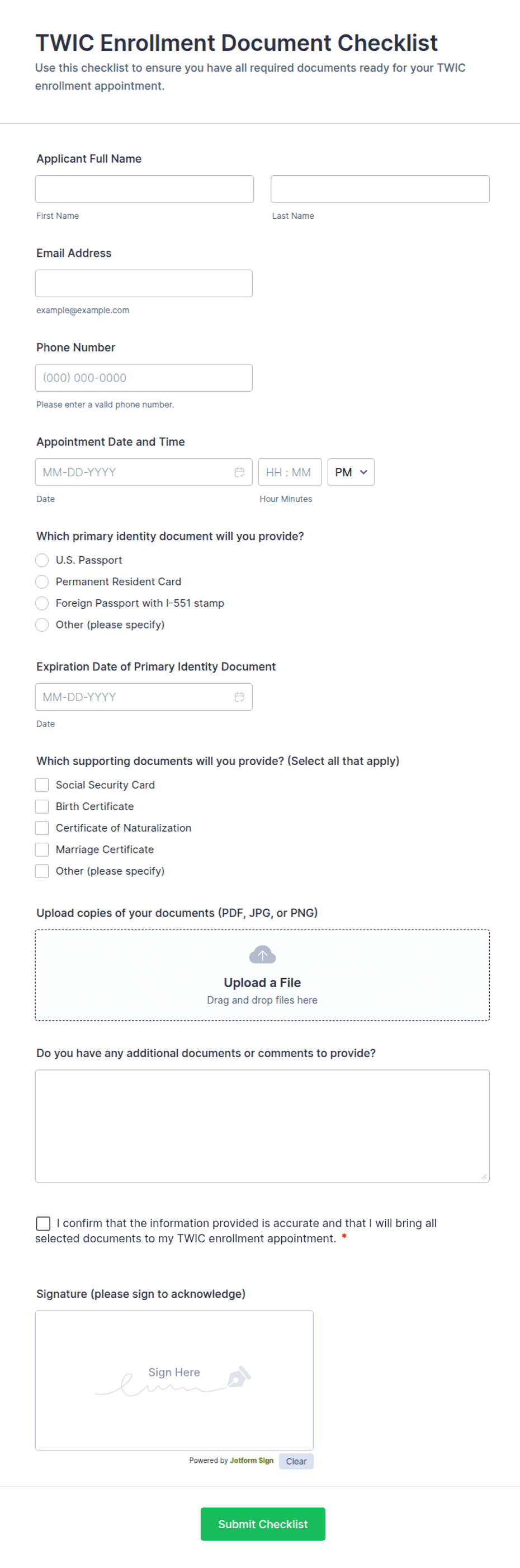 TWIC Enrollment Document Checklist Form Template | Jotform
