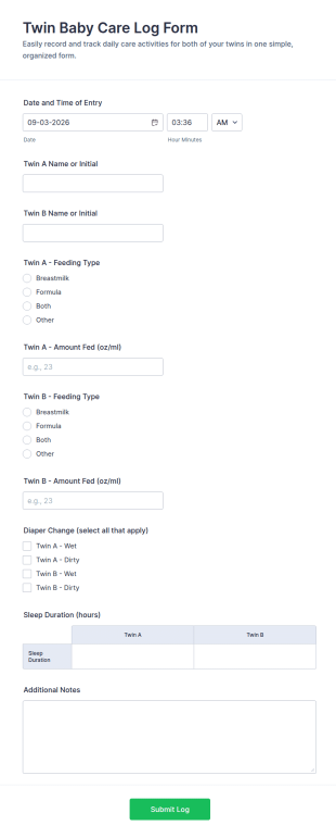 Twin Baby Care Log Form Template