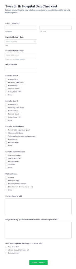 Twin Birth Hospital Bag Checklist Form Template