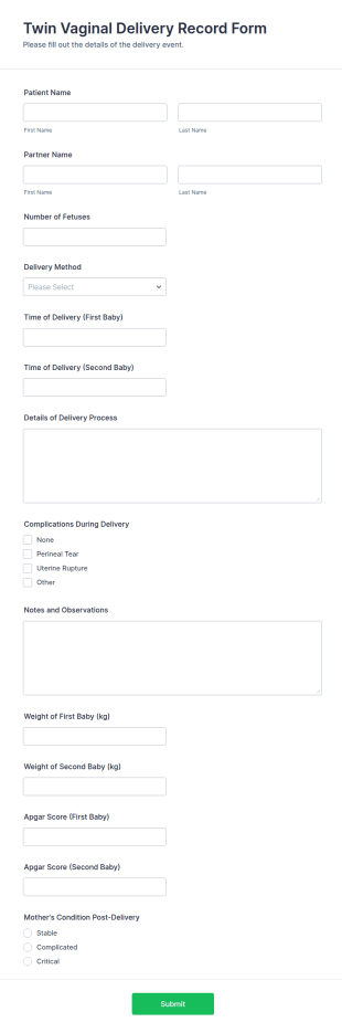 Twin Vaginal Delivery Record Form Template