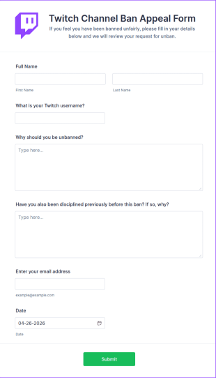Twitch Channel Ban Appeal Form Template