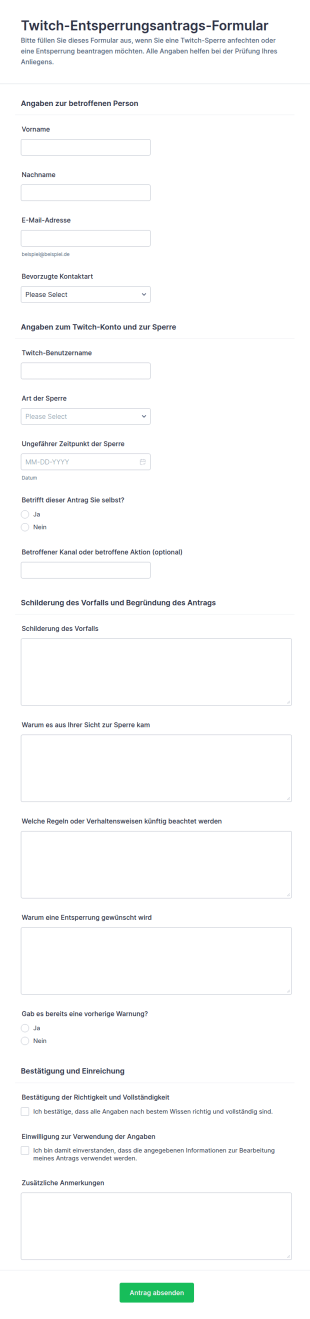Twitch Entbannungsanfrage Formular