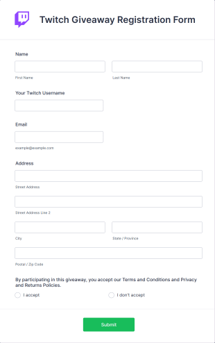 Twitch Giveaway Registration Form Template