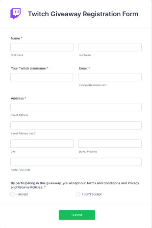 Twitch Giveaway Registration Form Template