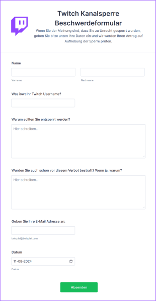 Twitch Kanalsperre Beschwerdeformular Form Template