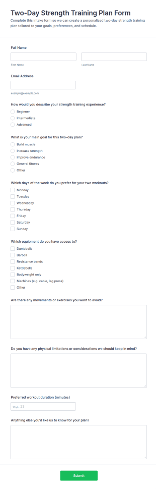 Two Day Strength Training Plan Form Template