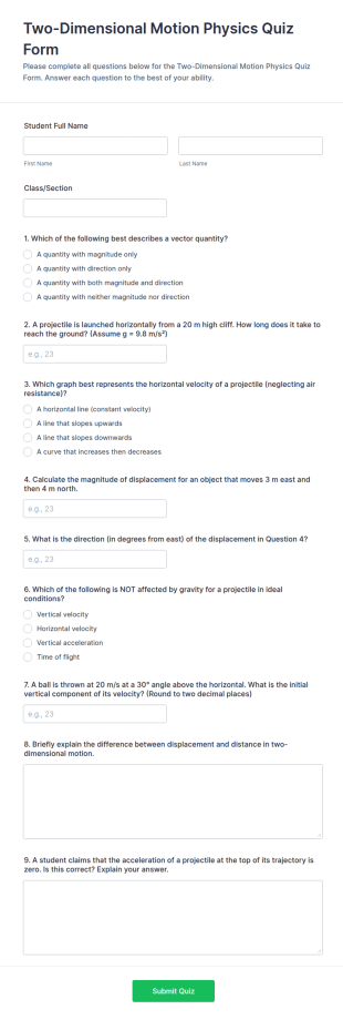 Two Dimensional Motion Physics Quiz Form Template