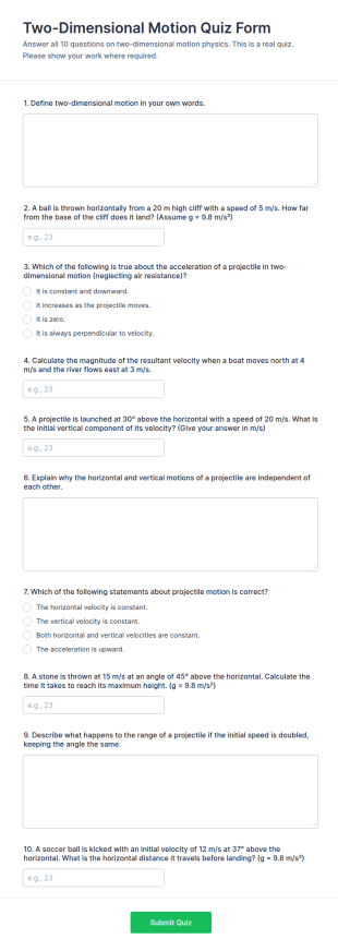 Two Dimensional Motion Quiz Form Template
