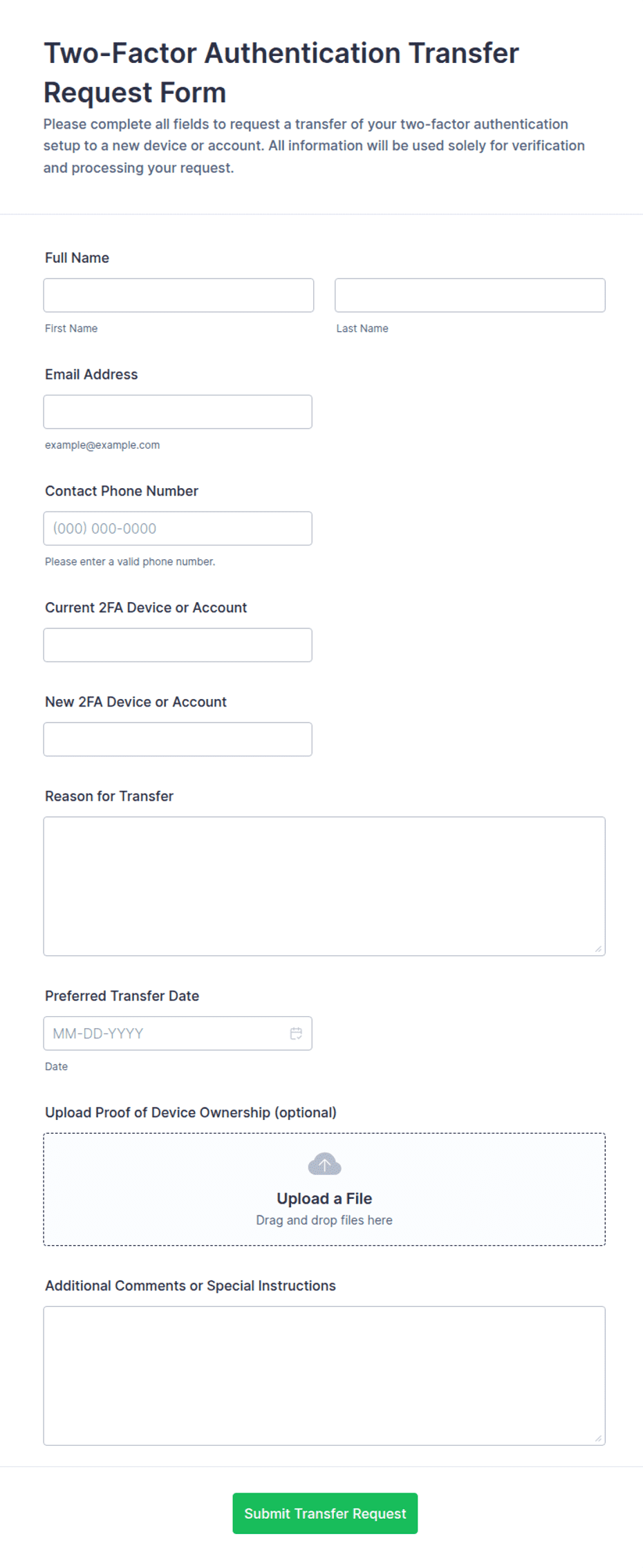 Two-Factor Authentication Transfer Request Form Template | Jotform