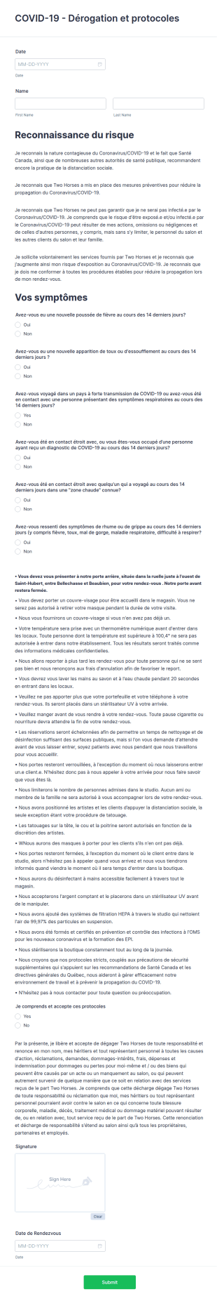 Two Horses COVID 19 Waiver And Protocols (FR)