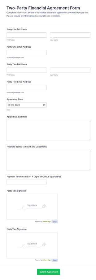 Two Party Financial Agreement Form Template
