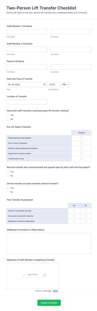 Two Person Lift Transfer Checklist Form Template