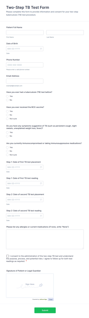 Two Step TB Test Form Template