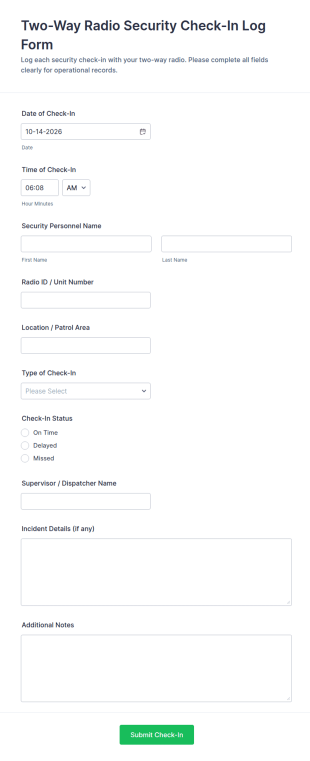 Two Way Radio Security Check In Log Form Template